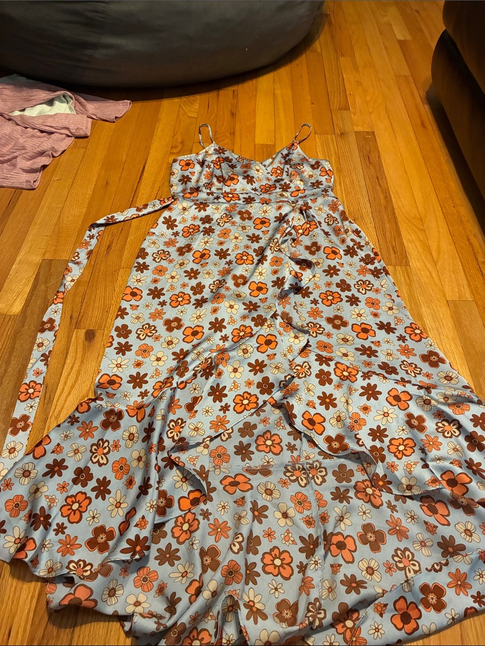 Inspired Hearts Blue Floral Midi Slip Dress with Orange & Brown Flowers